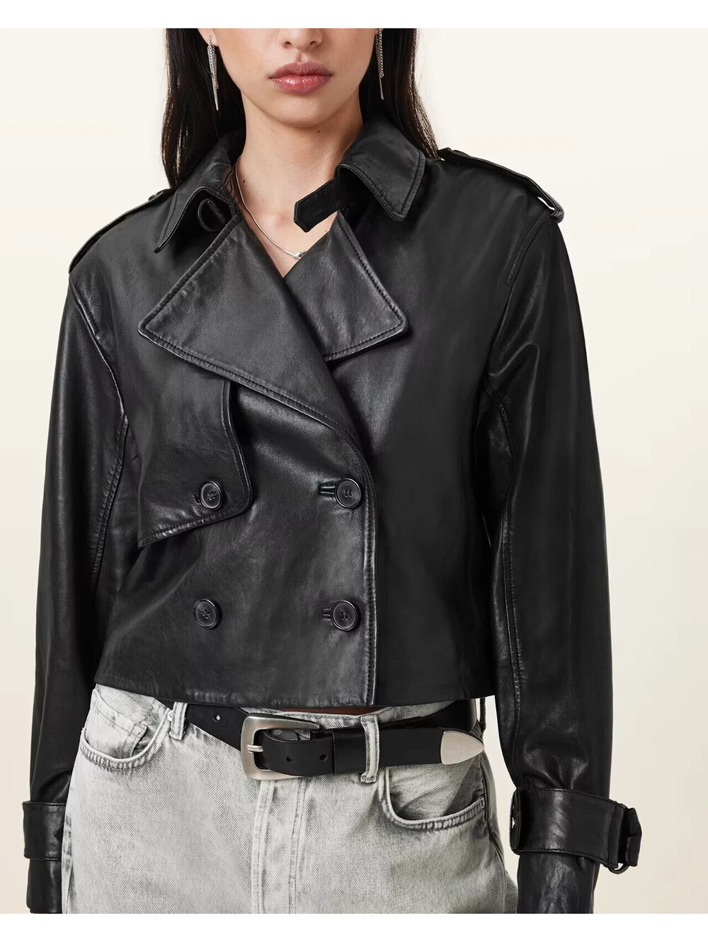 AllSaints Hendry Cropped Leather Trench Coat Women's Black Size L